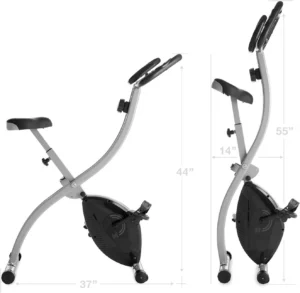 The assembled and folded versions of the ODE Fitness Indoor Folding Bike