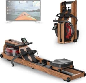 The assembled and folded version of the Joroto MR280 Water Rowing Machine