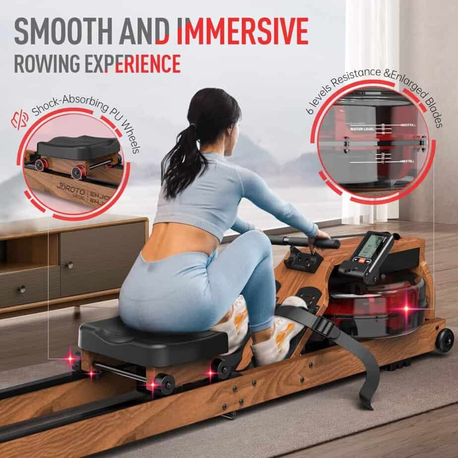 A lady exercises on the Joroto MR280 Water Rowing Machine