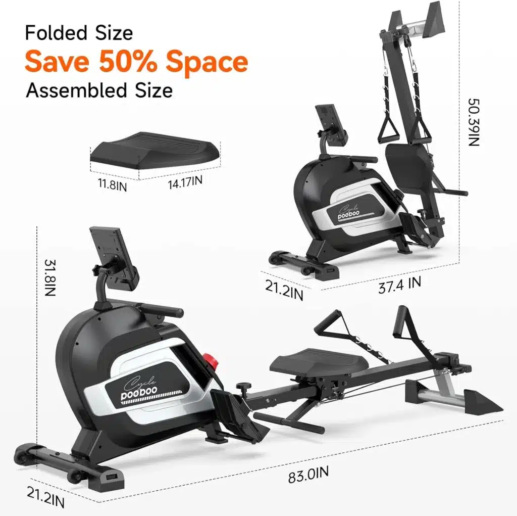 The folded and the assembled versions of the Pooboo H015 Magnetic Rowing Machine