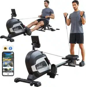 A man exercises withe Pooboo H015 Magnetic Rowing Machine and does strenght as well