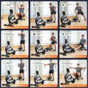 Sample of many strength training exercsis done with the Pooboo H015 Magnetic Rowing Machine