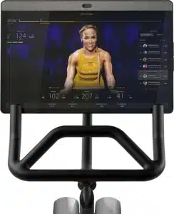 The handlebar and the HD touchscreen of the Peloton BA02-DC01 Indoor Exercise Bike+