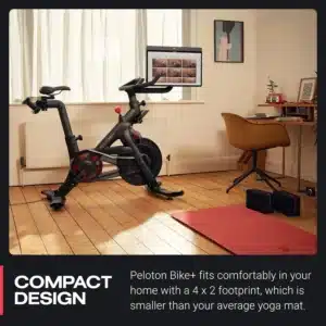 The Peloton BA02-DC01 Indoor Exercise Bike+ is positioned an a room by the window
