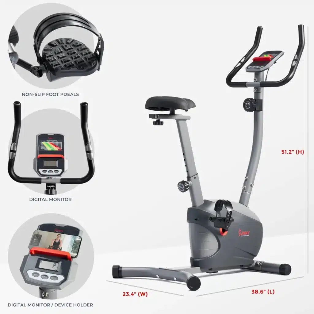 The Sunny Health & Fitness SF-B2200030 Upright Bike with its pedals, the console, and the handlebar