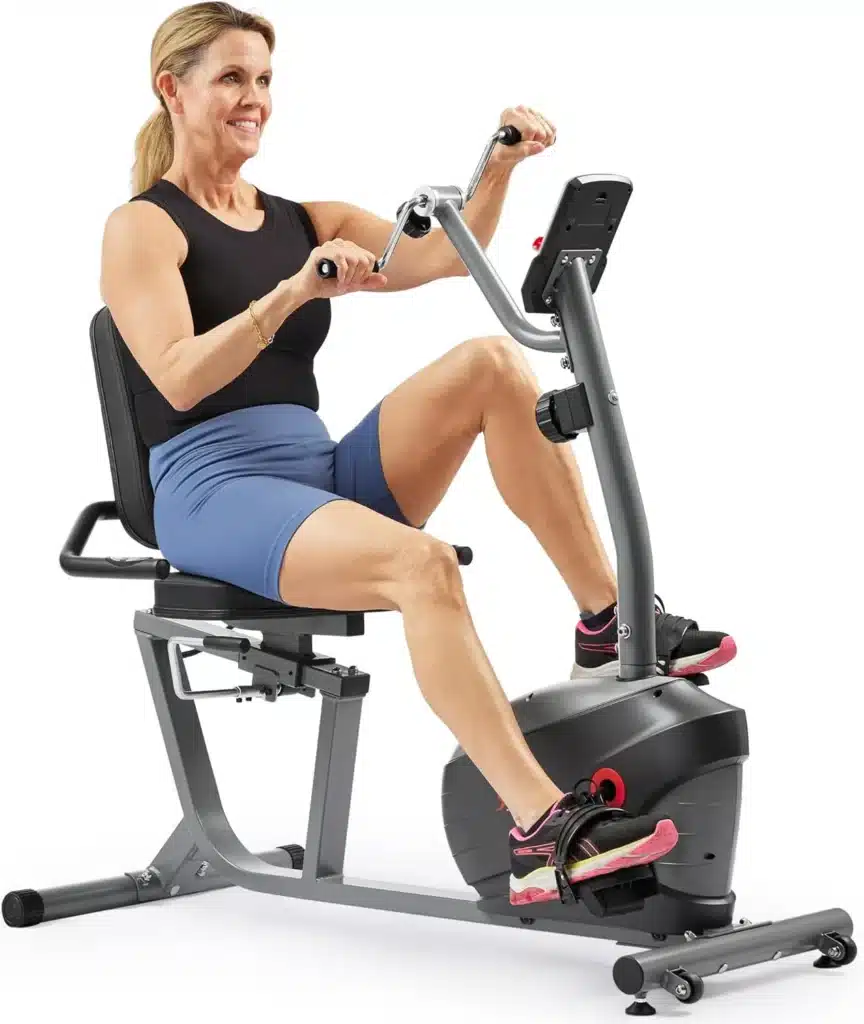 Lady rides the Sunny Health & Fitness Recumbent Bike SF-RB423034