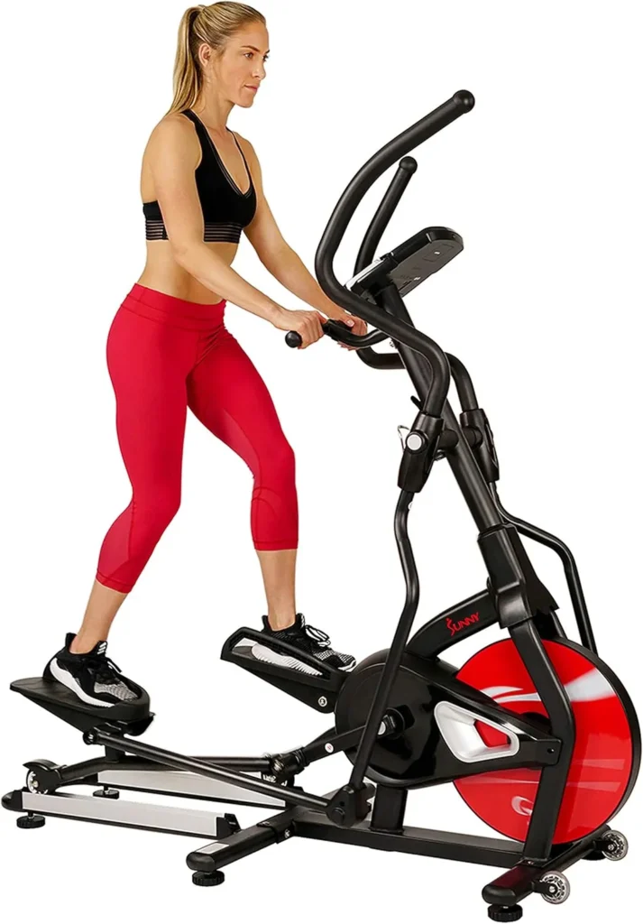 a woman exercises on the Sunny Health & Fitness Elliptical Trainer SF-E3865