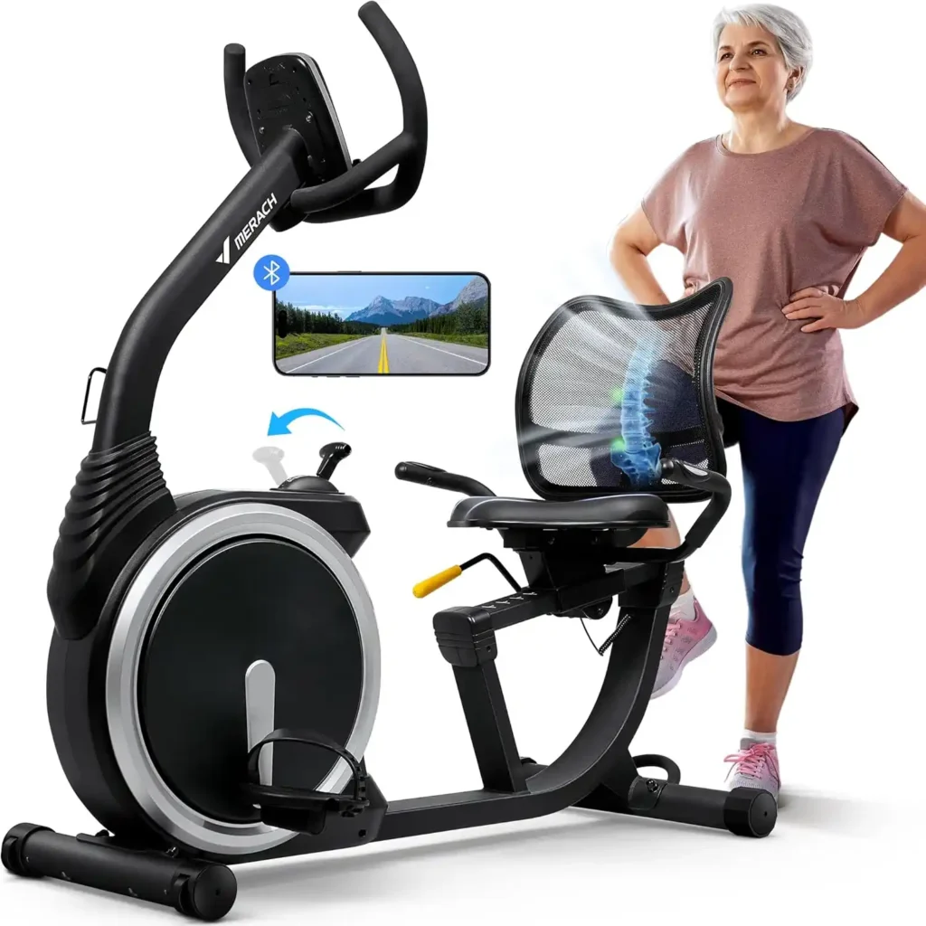 An elderly lady stands behind the Merach MR-S19 Recumbent Bike