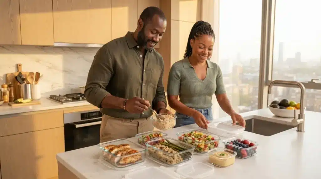 Busy man and woman preparing a meal in the kitchen