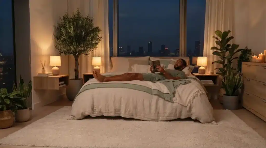 man lying down on the bed reading a book. Improve Your Sleep Without Changing Your Entire Work Schedule