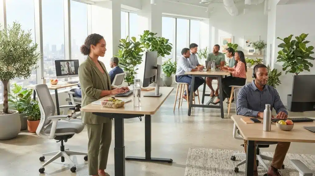 Busy people working in office space. Healthy Workplace Habits