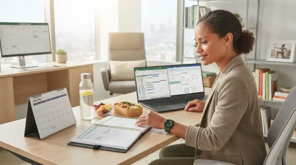 Lady working in front of a desk and pc with smiles on her face. Time Management Tips that Support Healthy Living