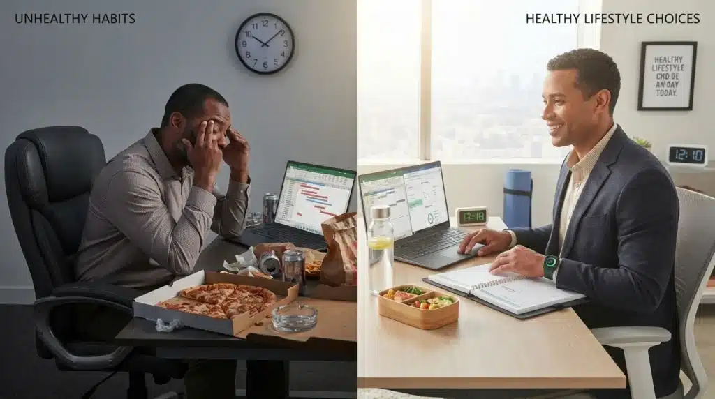 Man eating unhealthy food feels stressed, and man eating healthiy food feels happy and energetic. The Common Mistakes Busy People Make