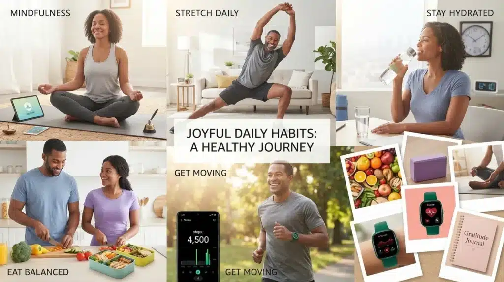 Seven Healthy Habits, Drink water, exercise, prepare your meal, stretch, eat vegetable,