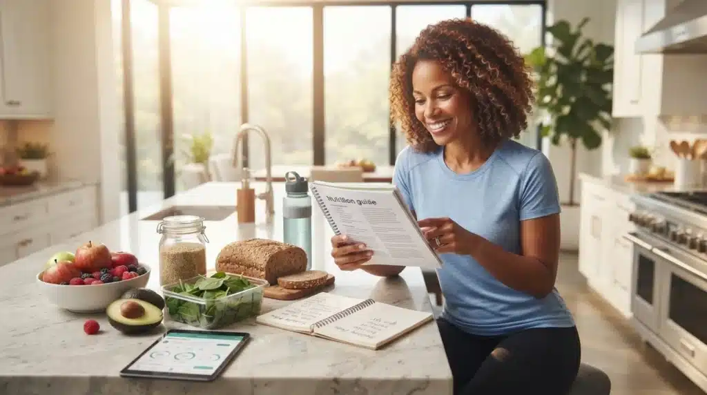 Lady sitting in front of a kitchen table with fruits smiling at a bool. What You’ll Learn About Losing Weight Without Exercise
