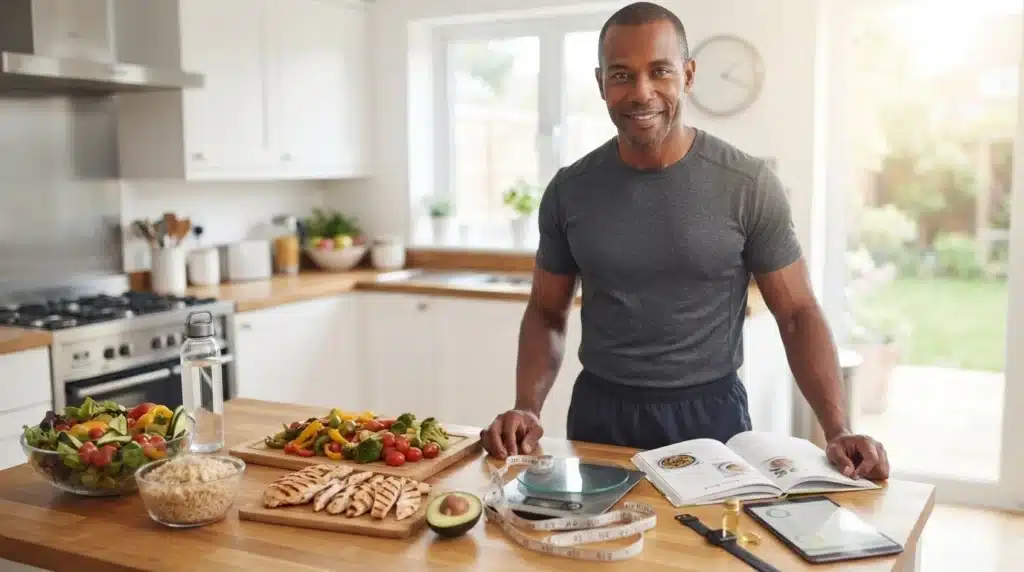 Man standing in front of a kitchen table with fruits and veggies smiling. Can You Lose Weight Without Exercise?