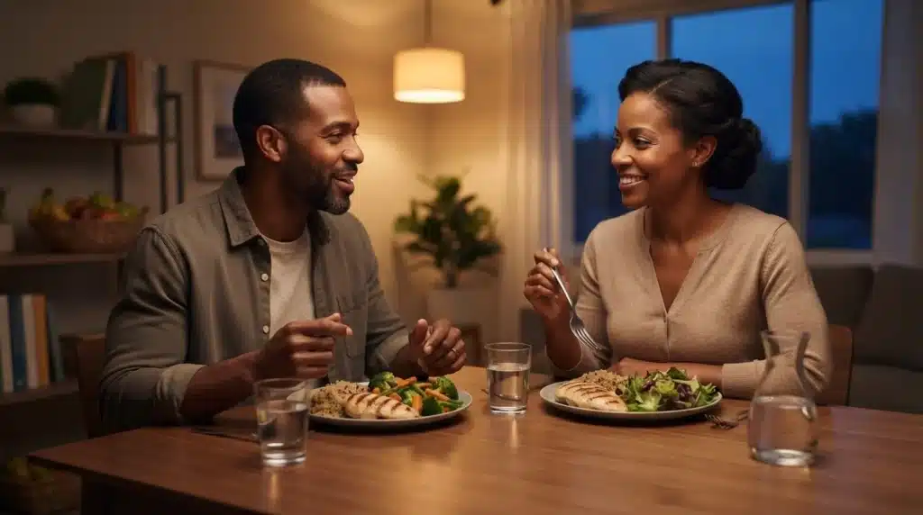 man and a woman eating and smiling at each other. Practice Mindful Eating
