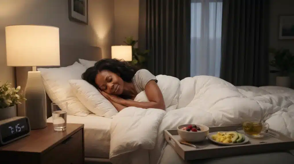 A lady sleeps joyfully on a bed. Improve Your Sleep Quality
