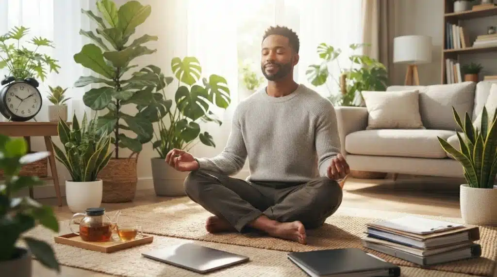 Man in a mindful position. Manage Stress Level