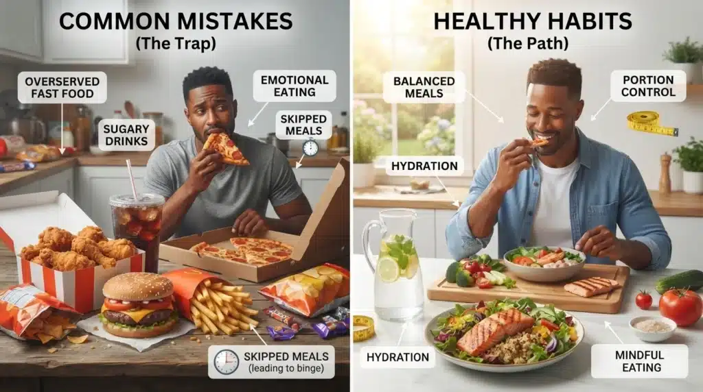 ONE MAN EATING UNHEALTHY FOODS, AND THE OTHER EATING HEALTHY FOODS. Common Mistakes That Prevent Weight Loss
