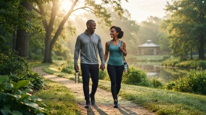 man and a woman walking happiy in a park. Final thought.