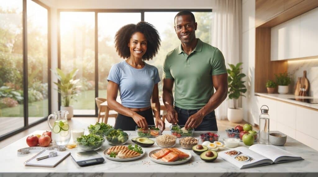 man and a woman stainding in front of a table full of healthy foods. Weight Loss Tips Without Exercise