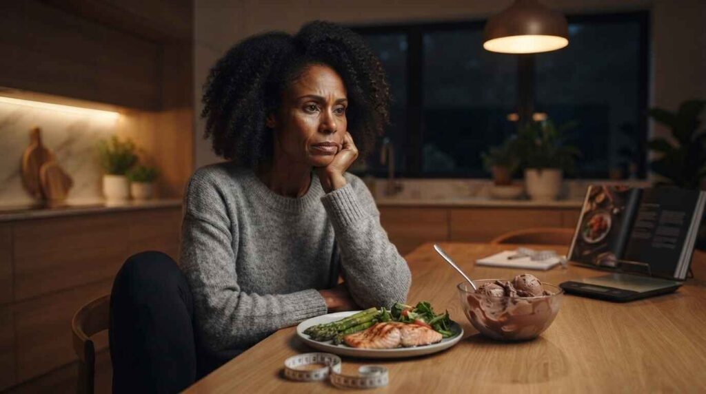 Woman sitting if front of a table with food on it. What is Emotional Eating?