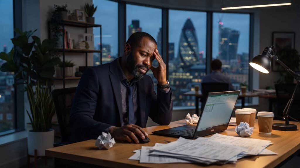 Man sitting in front of office table looking tired.